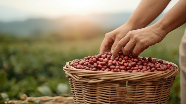 Persona cogiendo granos de café de una cesta de mimbre con campo de fondo