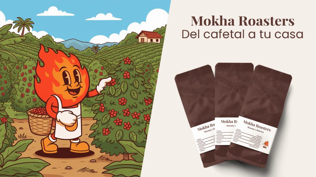 Roosty recogiendo café en un cafetal y 3 paquetes de café Mpkha Roasters